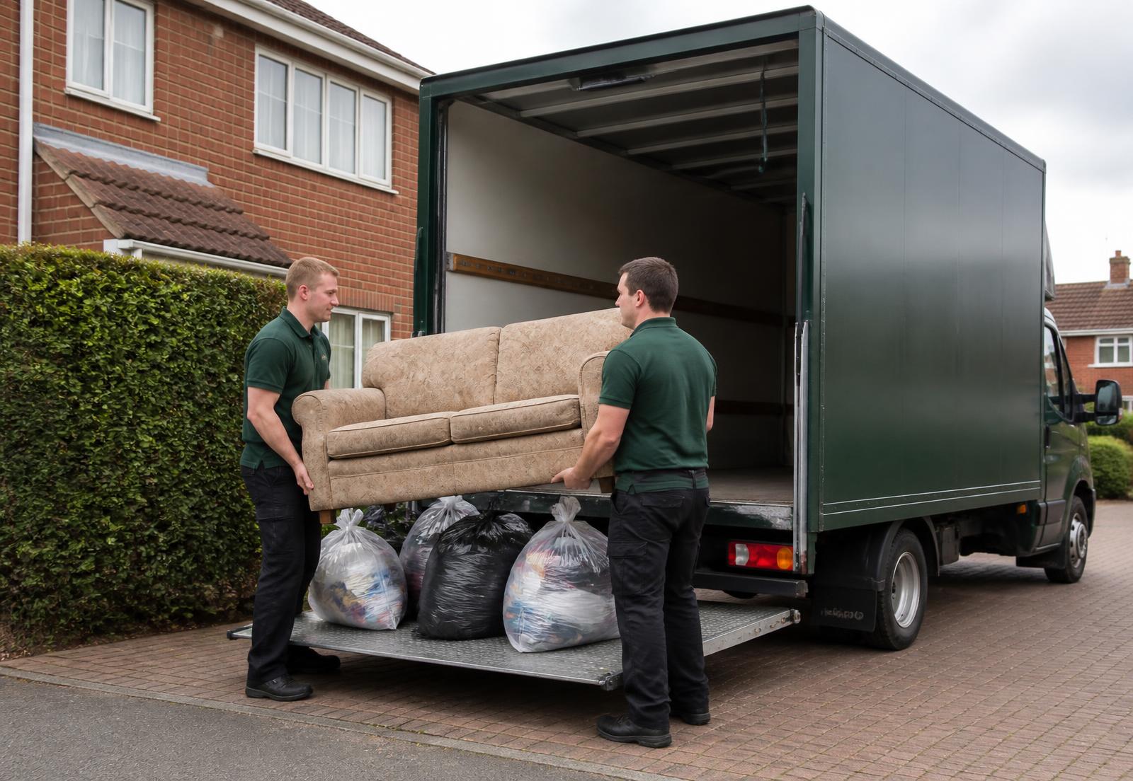 Rubbish Collection Medway crew loading a sofa and bagged rubbish into a green box van on a residential driveway
